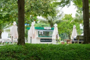 Expatriado tomando café en un parque urbano de Austria