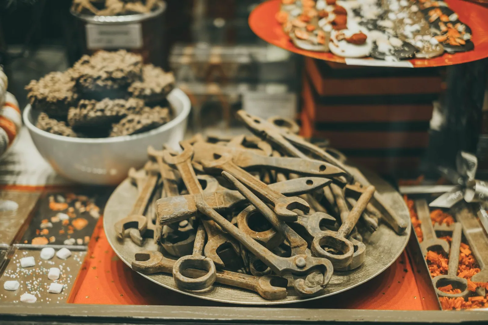tienda de chocolate belga con vitrinas y barra de cacao