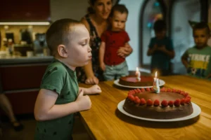 Tarta de cumpleaños con velas encendidas sobre una mesa decorada