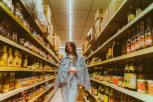 Pasillos de supermercado con productos frescos y clientes